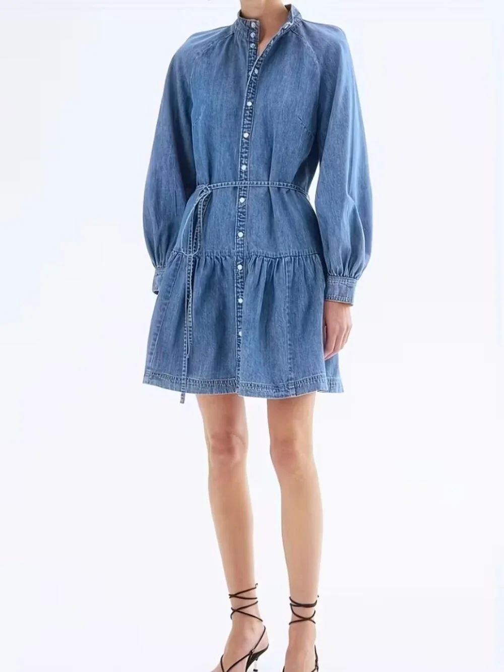 Lantern Sleeve Waist Tie Denim Dress - Picture 5 of 5